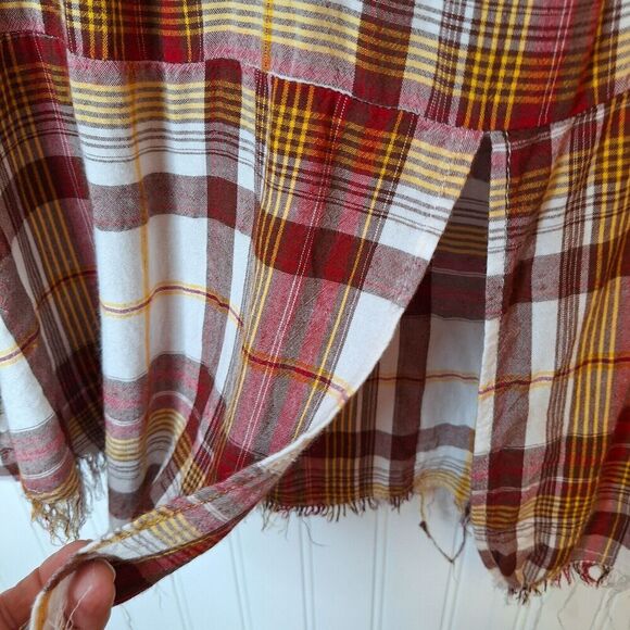 White Birch Women Button Up Raw Hem Shirt Size L Brown Plaid‎ Pockets Split Back - Picture 9 of 14